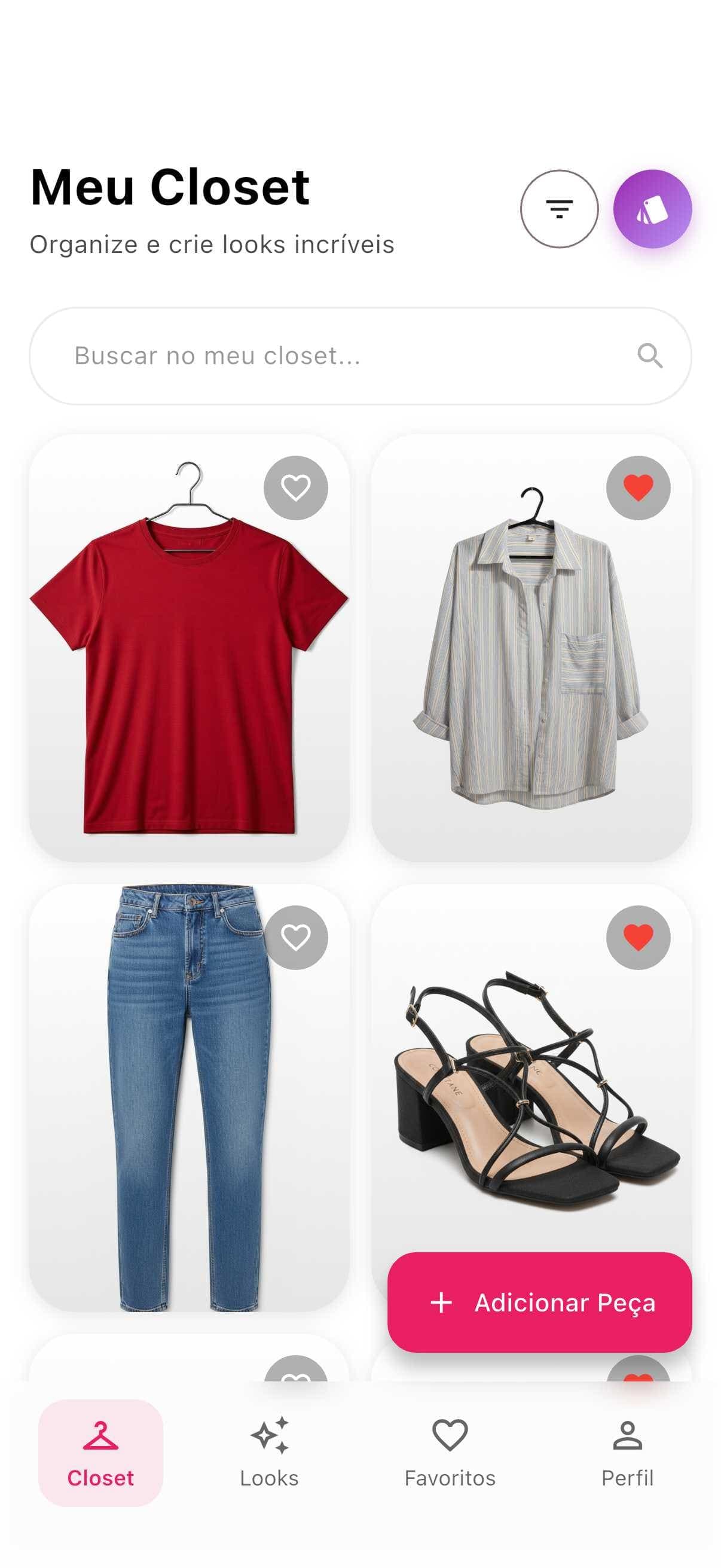 Closet digital do Styli com roupas organizadas